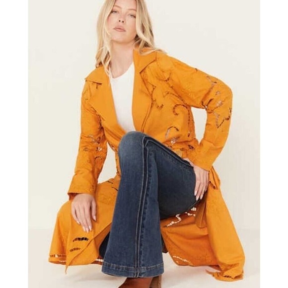 Free People Susanna Cutwork Embroidered Lace Longline Duster Jacket Pumpkin XS - Picture 3 of 15